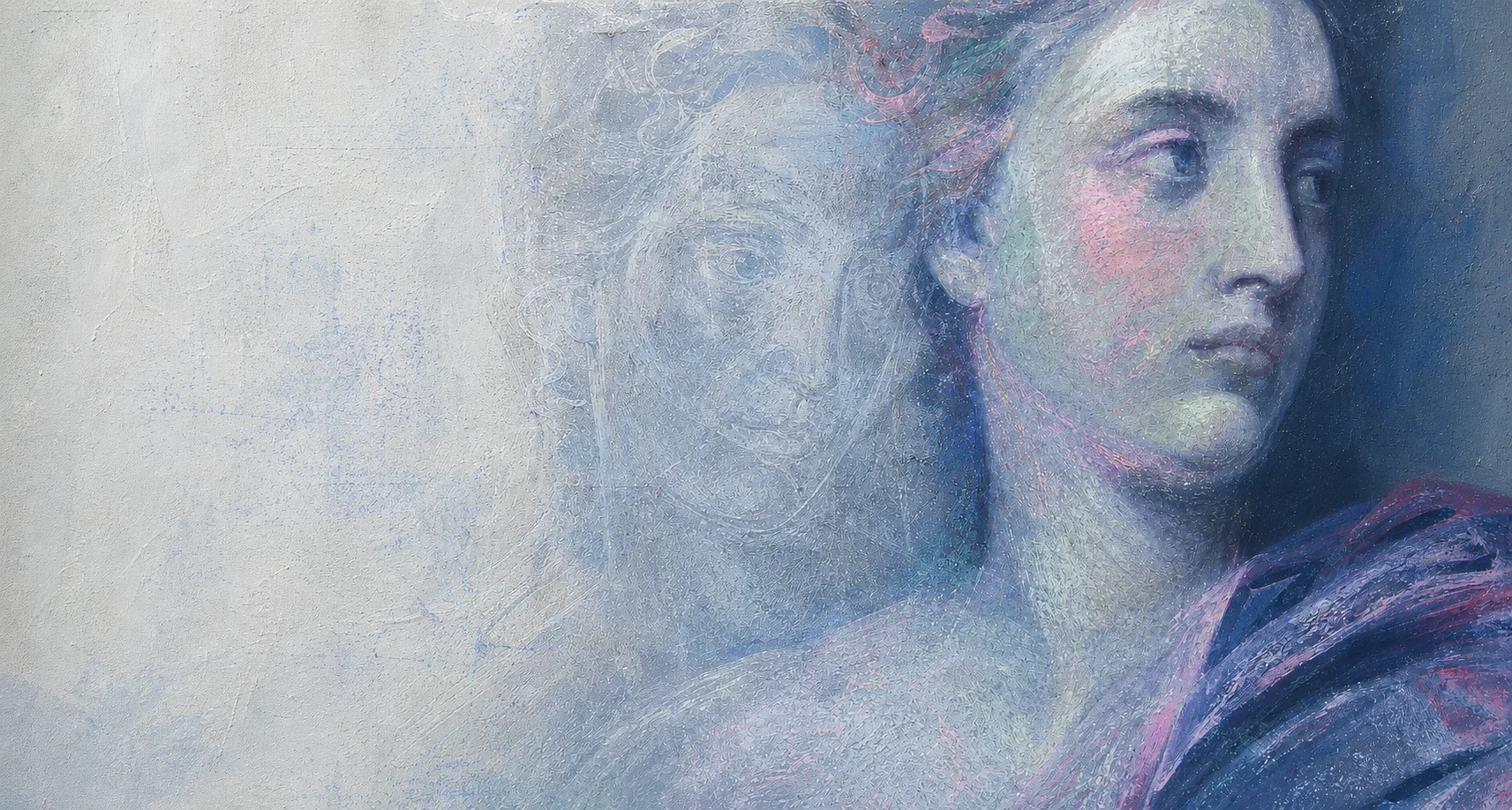 An illustrated painted portrait with an earlier face visible beneath it.